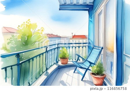 Relax on a serene watercolor balcony overlooking a quaint urban landscape 116856758