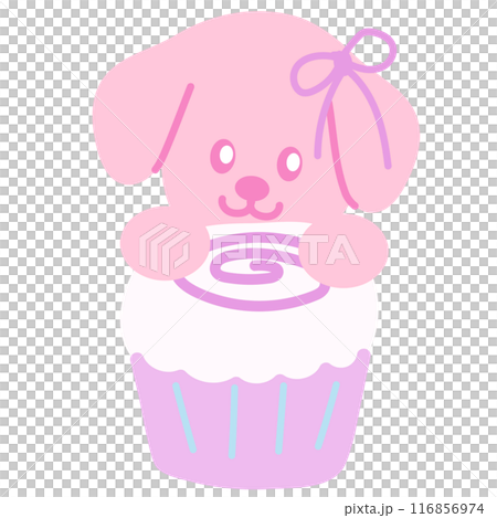 Cupcake with pink puppy for sweet dessert, cafe, restaurant, menu, recipe, baking, sticker, cartoon character, mascot, comic, plush toy, doll, brunch, birthday party, print, pet food, snack, vet 116856974