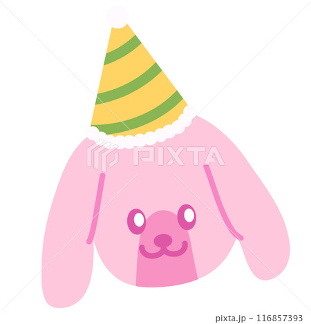 Cute puppy with party hat for birthday card, icons, logo, dogs, pet, pet shop, vet, pet food, animal sticker, cartoon character, plush toy, doll, pastel patches, sweet dessert, cafe, print	 116857393