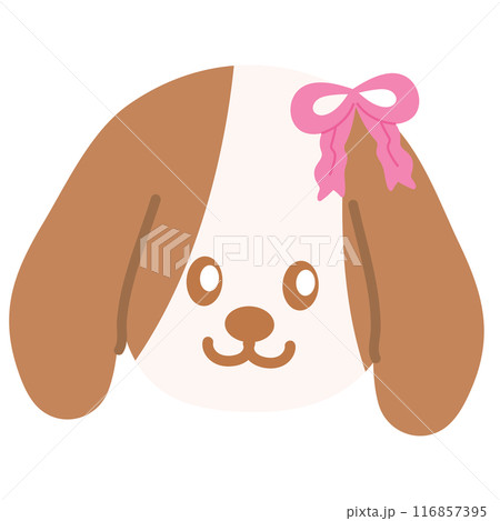 Cute puppy with pink ribbon for summer elements, birthday card, icons, logo, dogs, pet, pet shop, vet, pet food, animal sticker, cartoon character, plush toy, doll, pastel patches, print, sticker	 116857395