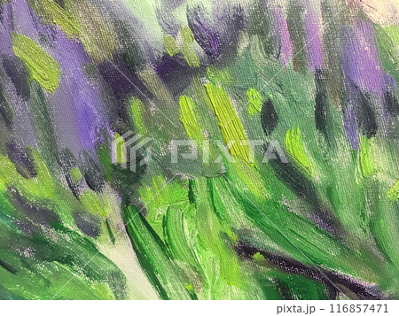 Abstract art background with green and violet colors brush strokes. Watercolor painting on canvas . 116857471