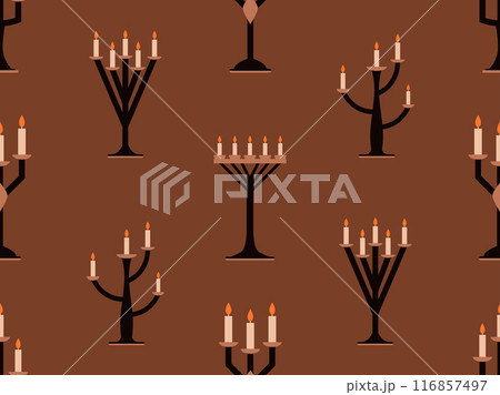 Seamless pattern with candlesticks in a minimalist style. Candlestick with candles. Candle holder with burning candles. Design for wallpapers, wrappers, covers and banners. Vector illustration 116857497