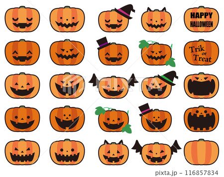 いろんな顔のハロウィンパンプキンのイラストセット、線あり 116857834