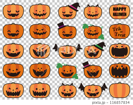 いろんな顔のハロウィンパンプキンのイラストセット、線あり 116857834