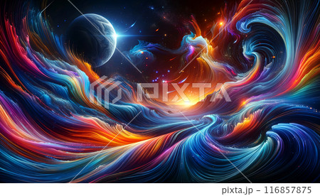 Mesmerizing cosmic waves of vibrant colors blend seamlessly under a celestial sky 116857875