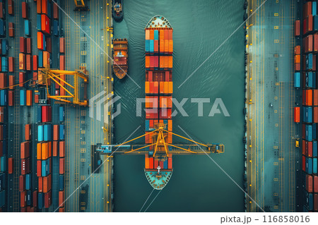 Aerial view of a bustling shipping port with a large cargo ship docked at the center, surrounded by colorful shipping containers 116858016