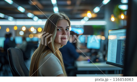 A young woman, an IT specialist, works in a modern office environment, smiling confidently as she sits at her desk with multiple computer monitors around her 116858063