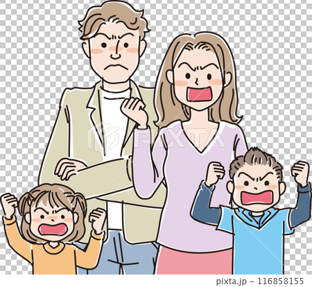 人物イラスト_怒った表情_若い家族4人_30代夫婦_小学生男女_パパ無精髭なし 116858155