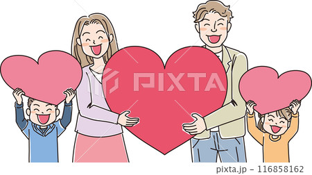 人物イラスト_ハートを持って笑顔の人達_4人家族_若い親子_パパ無精髭なしバージョン 116858162