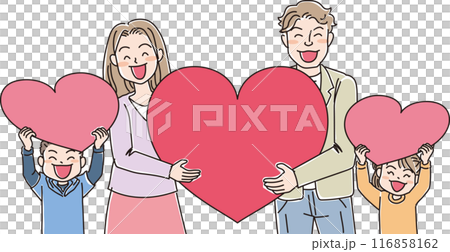 人物イラスト_ハートを持って笑顔の人達_4人家族_若い親子_パパ無精髭なしバージョン 116858162
