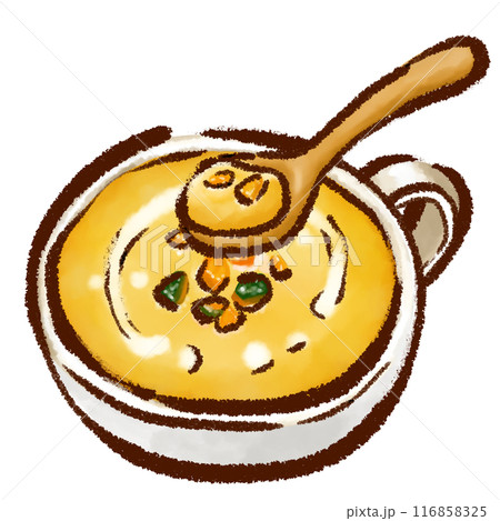 筆で描いたぼちゃスープ(南瓜のポタージュ)と木のスプーン　太字・和風テイスト 116858325