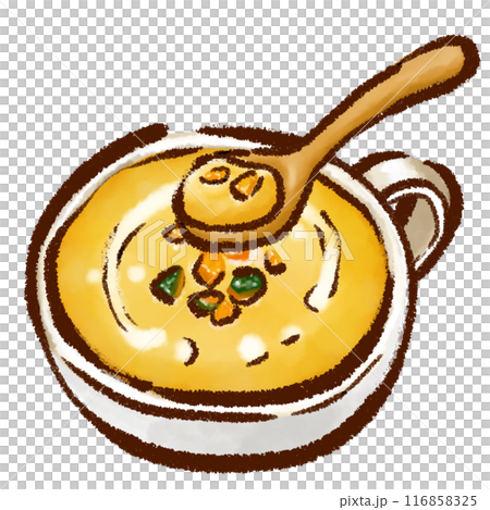 筆で描いたぼちゃスープ(南瓜のポタージュ)と木のスプーン　太字・和風テイスト 116858325