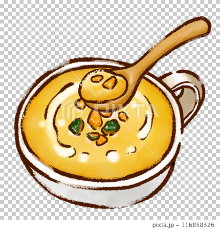 Pumpkin soup (pumpkin potage) and wooden spoon drawn with a fine brush, brush painting, Japanese style 116858326