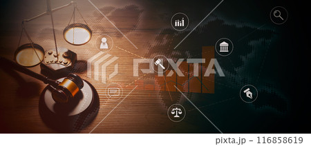 Judge gavel and weight scale on wooden table 116858619