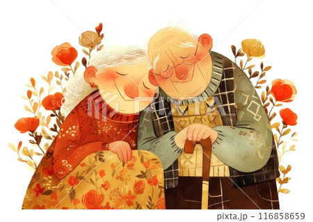Charming illustration capturing an elderly couple's tender moment 116858659