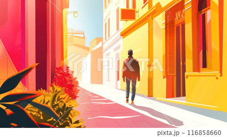 Vibrant illustration of a man strolling through a sun-drenched Mediterranean alley 116858660