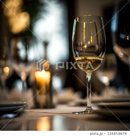 An elegant dining setting with a glass of white wine 116858674