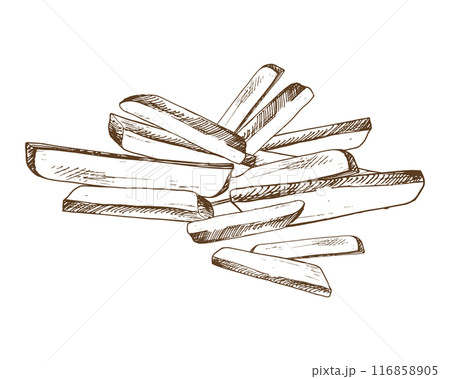 White potato slices, peeled, long french fry sticks, a bunch. Graphic illustration hand drawn in brown ink. EPS vector on the theme of harvest cooking, food, packaging, vegetable shop design. White potato slices, peeled, long french fry sticks, a bunch. Graphic illustration hand drawn in brown ink. EPS vector on the theme of harvest cooking, food, packaging, vegetable shop design. 116858905