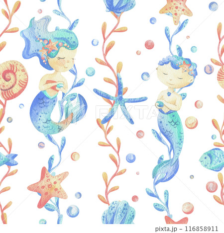 Mermaids is a little girls and boys with fish, seashell, corals, algae, starfish. Watercolor illustration hand drawn pastel colors coral and blue. Seamless pattern on a white background 116858911
