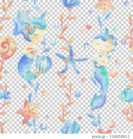 Mermaids is a little girls and boys with fish, seashell, corals, algae, starfish. Watercolor illustration hand drawn pastel colors coral and blue. Seamless pattern on a white background Mermaids is a little girls and boys with fish, seashell, corals, algae, starfish. Watercolor illustration hand drawn pastel colors coral and blue. Seamless pattern on a white background 116858911