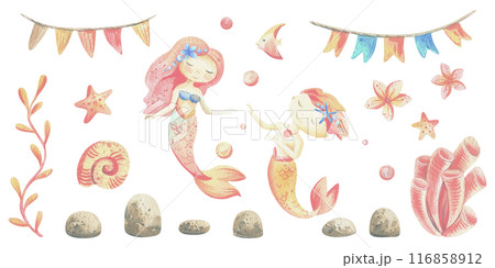 Mermaids is a little girls and boys with fish, seashell, corals, algae, starfish. Watercolor illustration hand drawn pastel colors coral and blue. Large set of elements isolated from background. 116858912