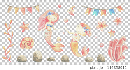 Mermaids is a little girls and boys with fish, seashell, corals, algae, starfish. Watercolor illustration hand drawn pastel colors coral and blue. Large set of elements isolated from background. 116858912