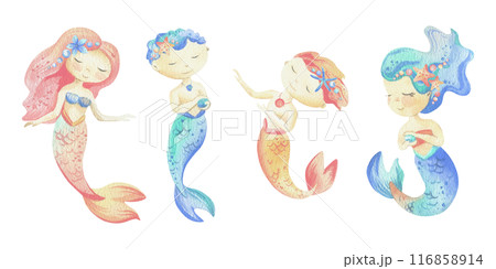 Mermaids is a little girls and boys with tails. Watercolor illustration hand drawn with pastel colors turquoise, blue, mint, coral, pink, peachy. Set of elements isolated from background. 116858914