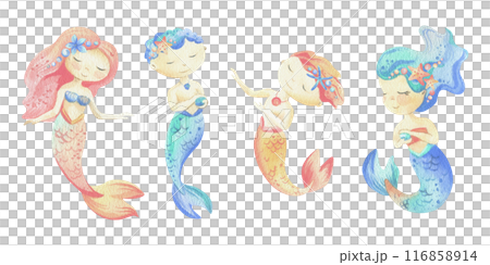 Mermaids is a little girls and boys with tails. Watercolor illustration hand drawn with pastel colors turquoise, blue, mint, coral, pink, peachy. Set of elements isolated from background. 116858914