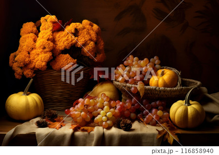 Embrace the warmth of autumn with this rustic still-life featuring vibrant fall 116858940