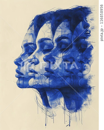 A visually stunning piece of art featuring multiple overlapping profiles in rich blue hues A visually stunning piece of art featuring multiple overlapping profiles in rich blue hues 116858956