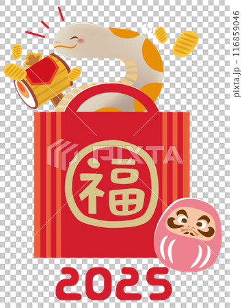Illustration of auspicious snake and lucky bag 2025 New Year's card First sale Illustration of auspicious snake and lucky bag 2025 New Year's card First sale 116859046