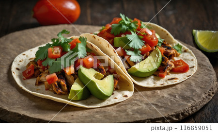 Yummy Mexican taco with grilled chicken served on a corn tortilla 116859051