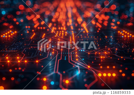 Glowing digital circuitry with nodes and lines forms a dynamic and futuristic techno landscape 116859333