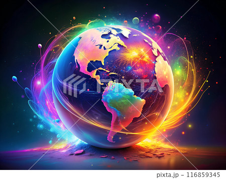 abstract illustration in neon colors with globe and splashes digital art 116859345