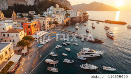 Sunset Over Italian Coastal Town with Boats Sunset Over Italian Coastal Town with Boats 116859490