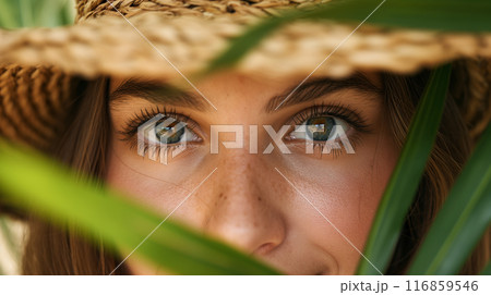 Close-Up of Woman's Eyes Through Green Leaves 116859546