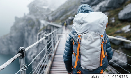 Hiker Crossing Suspension Bridge in Foggy Mountains 116859578
