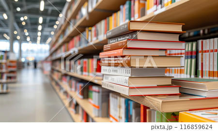 Library Bookshelf with Stacked Books 116859624