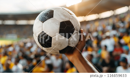 Hand Holding Soccer Ball in Stadium 116859633