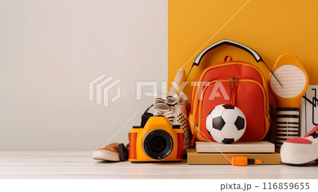 Sports Equipment on White and Yellow Background 116859655