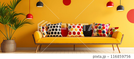 Colorful Living Room with Polka Dot Pillows 116859756