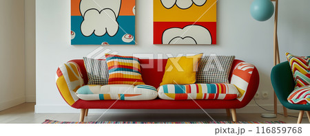 Eclectic Living Room with Bold Patterns and Colors 116859768