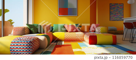 Vibrant Living Room with Patterned Sofa and Pillows 116859770