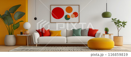 Bright Living Room with Modern Art and Plants Bright Living Room with Modern Art and Plants 116859819