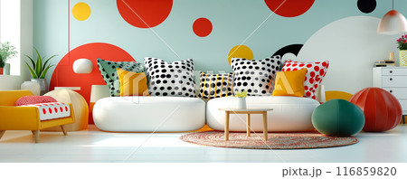 Playful Living Room with Colorful Polka Dot Theme Playful Living Room with Colorful Polka Dot Theme 116859820