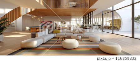 Spacious Modern Living Room with Wooden Accents Spacious Modern Living Room with Wooden Accents 116859832