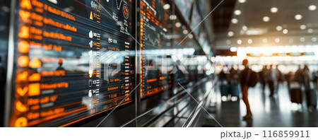 Airport Departure Board with Blurred Passengers 116859911