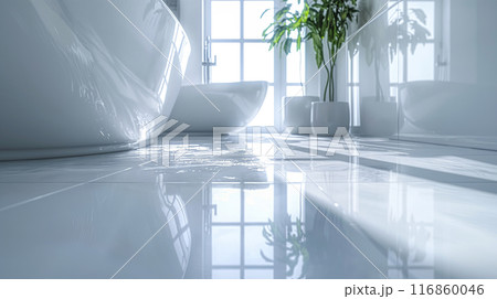 The bathroom floor is sparkling clean, Shiny white bathroom floor. The bathroom floor is sparkling clean, Shiny white bathroom floor. 116860046