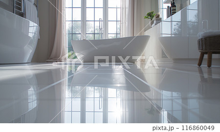 The bathroom floor is sparkling clean, Shiny white bathroom floor. 116860049