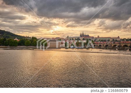 Colorful sunset view of Prague castle, Vltava river and Mala strana district in Prague, capital of Czech republic 116860079